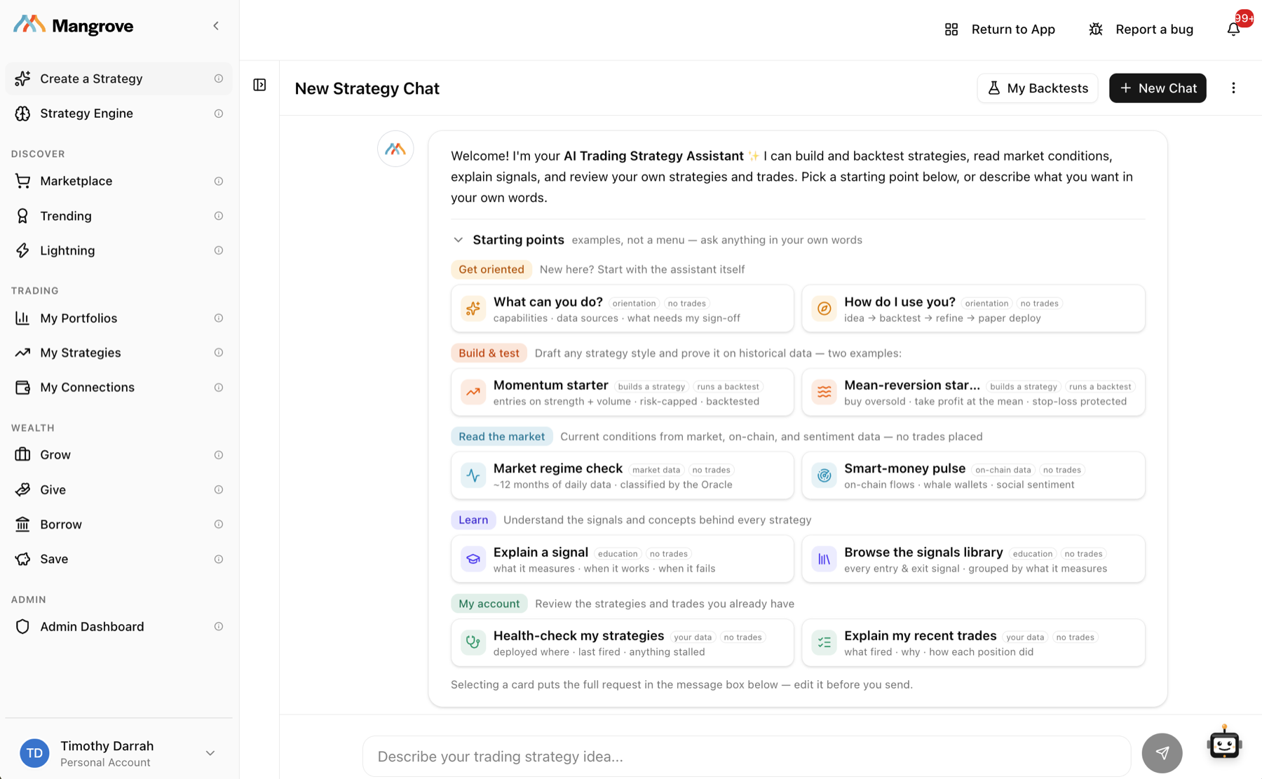 The AI Trading Strategy Assistant in the Mangrove app