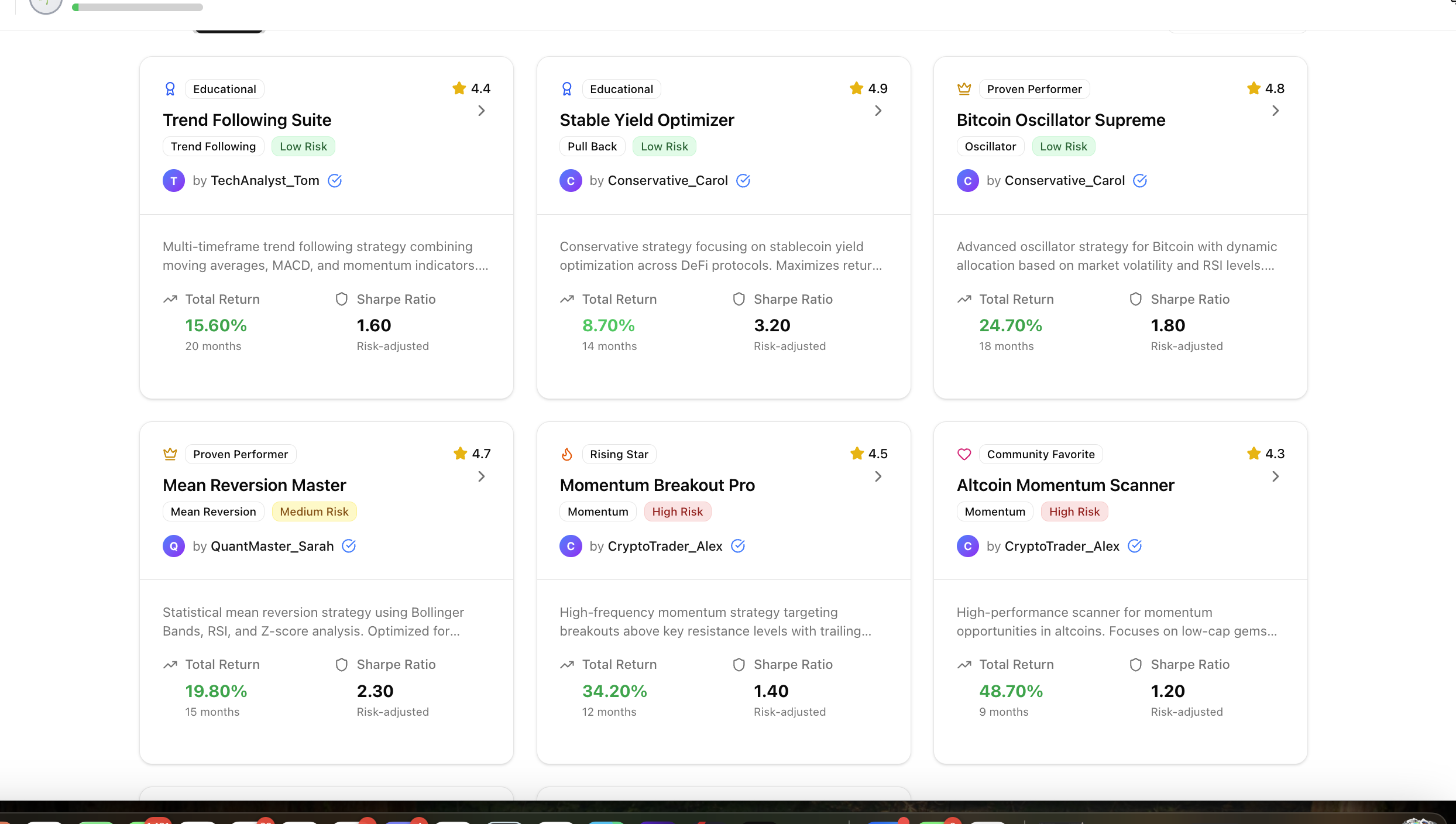 Mangrove strategy marketplace showing strategy type, risk level, test performance, and verified creators